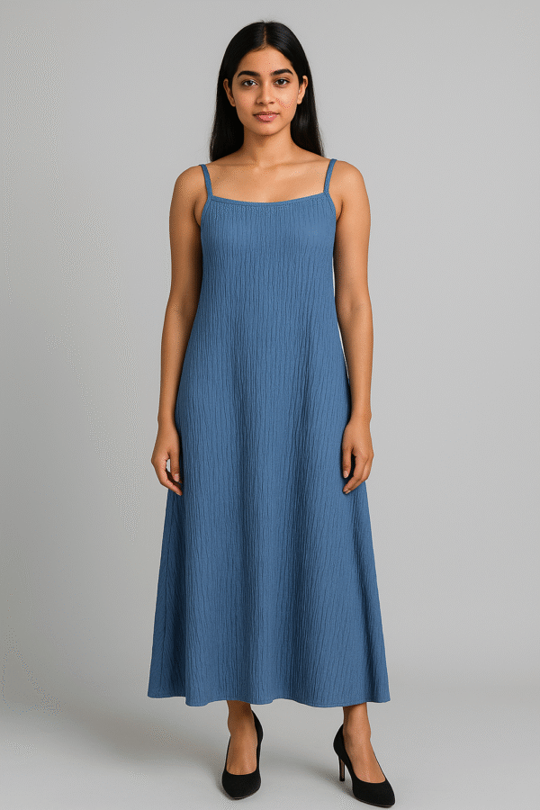 Woman wearing a textured blue spaghetti strap maxi dress