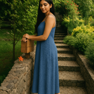 Woman wearing a textured blue spaghetti strap maxi dress