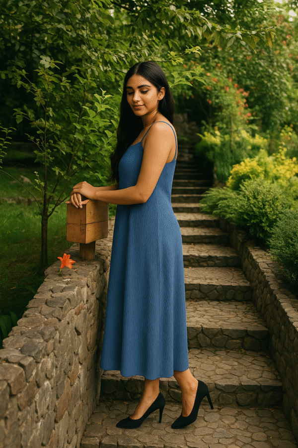 Woman wearing a textured blue spaghetti strap maxi dress