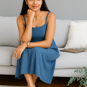Woman wearing a textured blue spaghetti strap maxi dress