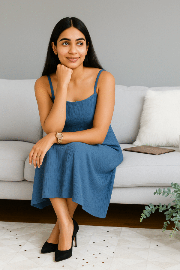 Woman wearing a textured blue spaghetti strap maxi dress