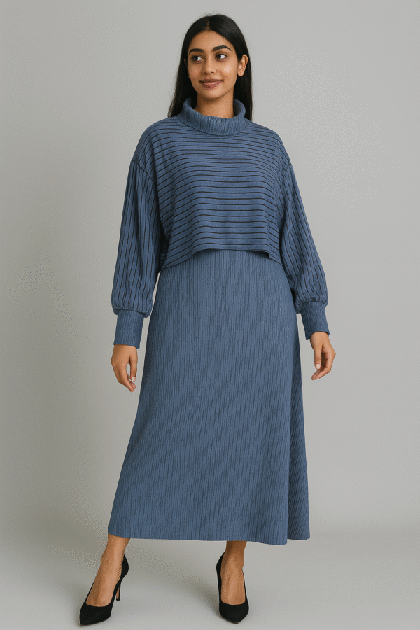 Woman wearing a textured blue maxi dress layered with a matching cropped striped top