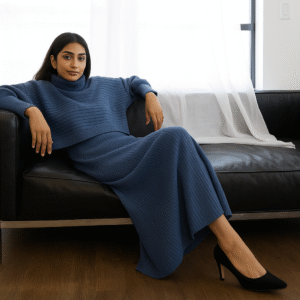 Woman wearing a textured blue maxi dress layered with a matching cropped striped top