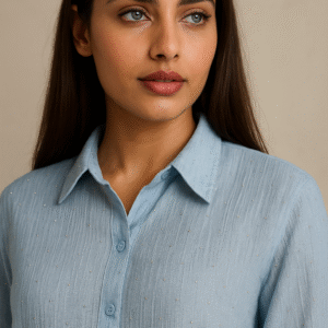 Model wearing Azure Grace Beaded Shirt with navy trousers