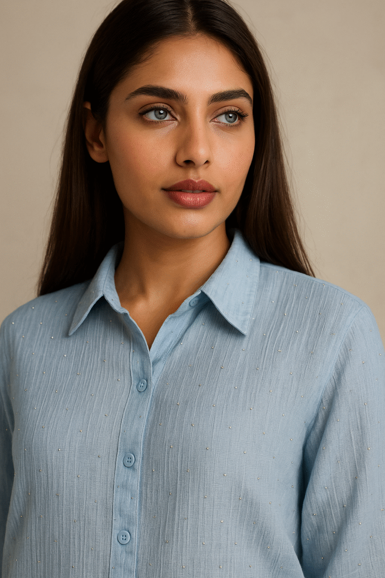 Model wearing Azure Grace Beaded Shirt with navy trousers