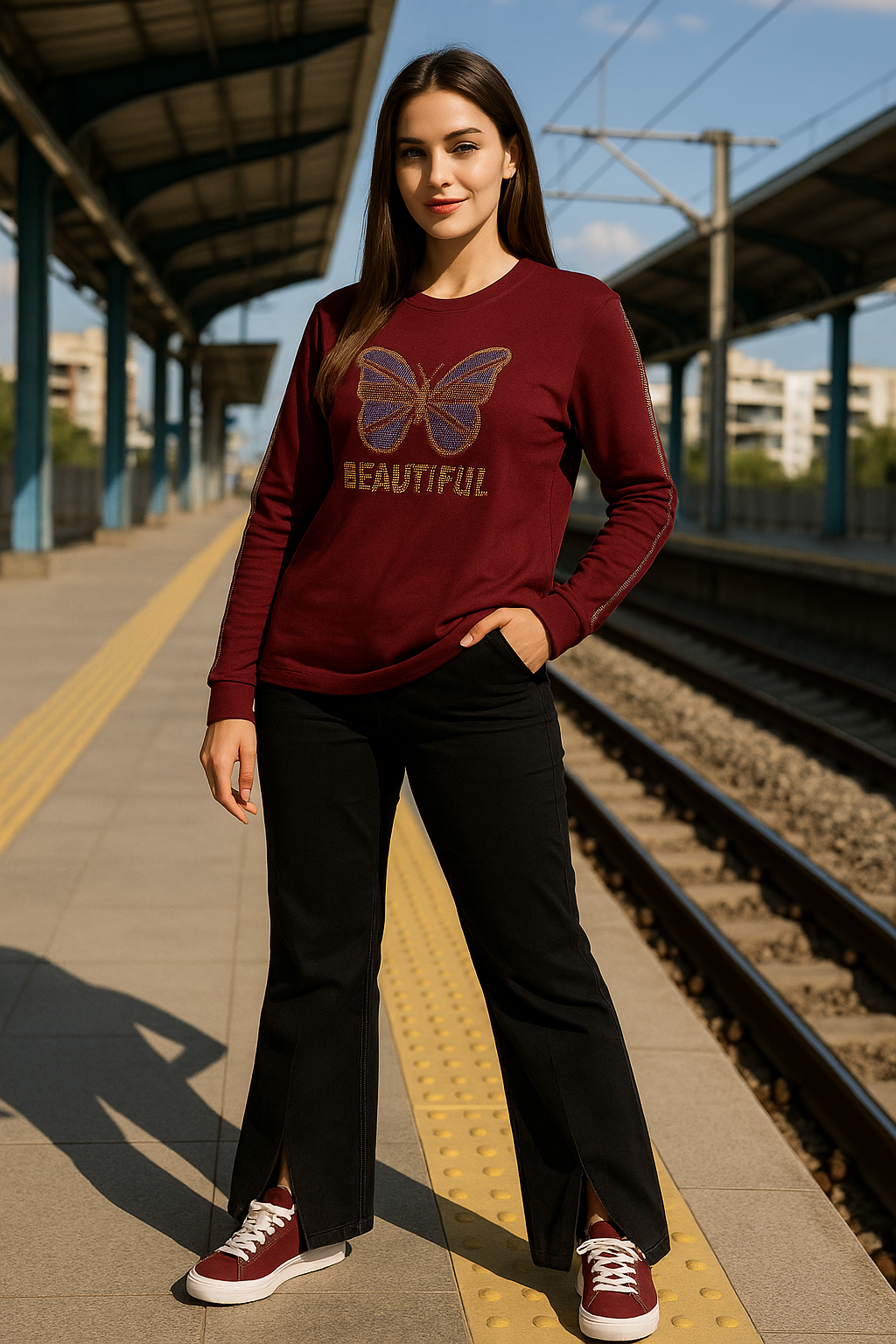 Beautiful Butterfly Rhinestone Maroon T-Shirt – Casual & Stylish ...