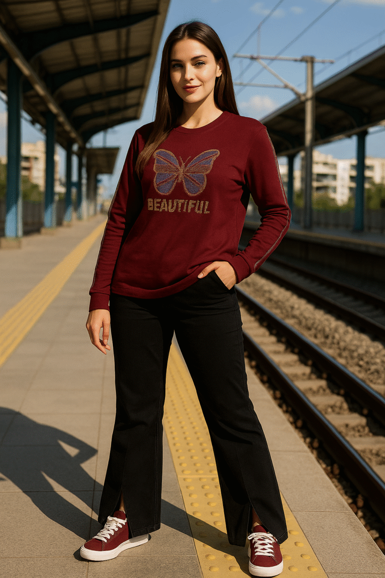 Model wearing maroon butterfly rhinestone T-shirt paired with black trousers and sneakers at railway platform