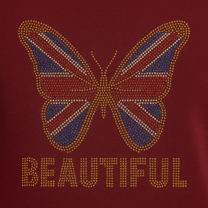 Model wearing maroon butterfly rhinestone T-shirt paired with black trousers