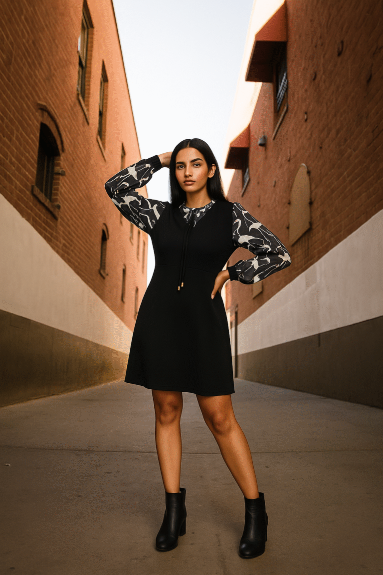 Woman in black tunic dress with printed long sleeves and tie-neck detail