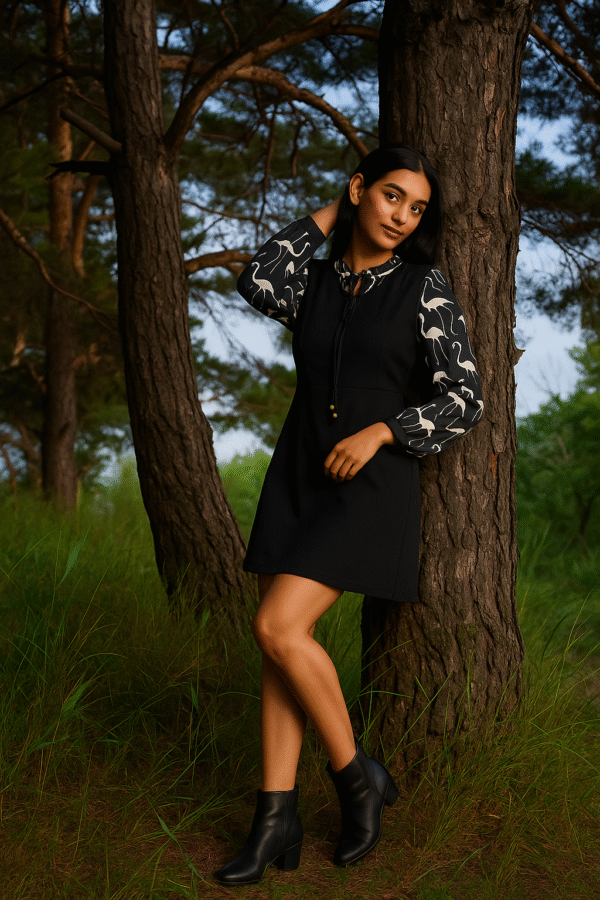 Woman in black tunic dress with printed long sleeves and tie-neck detail