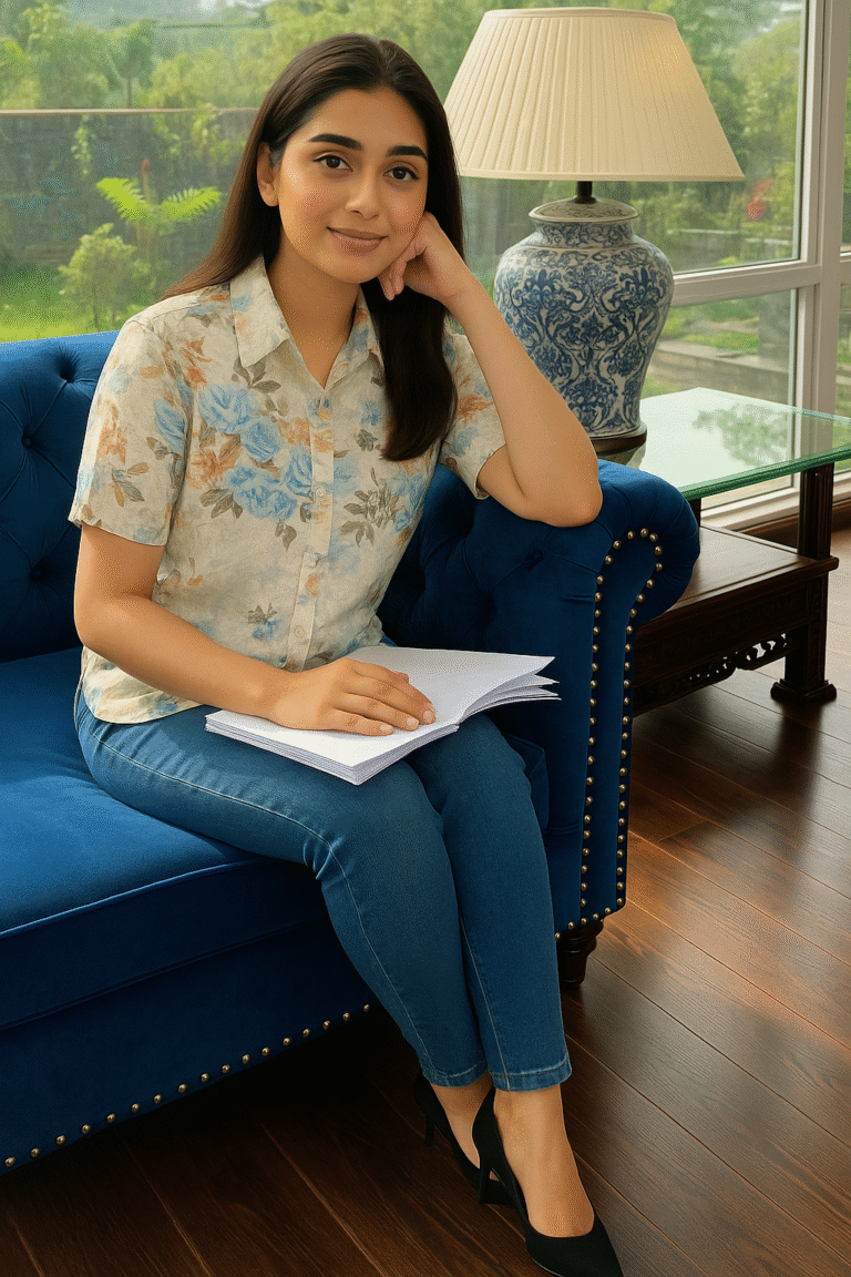 Woman wearing embroidered floral summer shirt with blue jeans