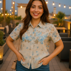 Woman wearing embroidered floral summer shirt with blue jeans