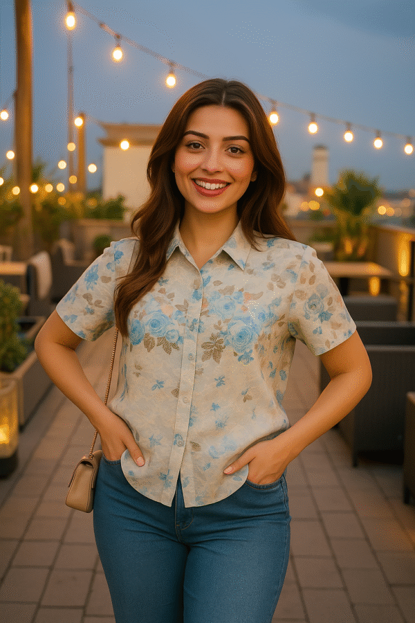 Woman wearing embroidered floral summer shirt with blue jeans