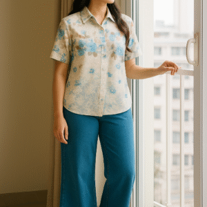 Woman wearing embroidered floral summer shirt with blue jeans