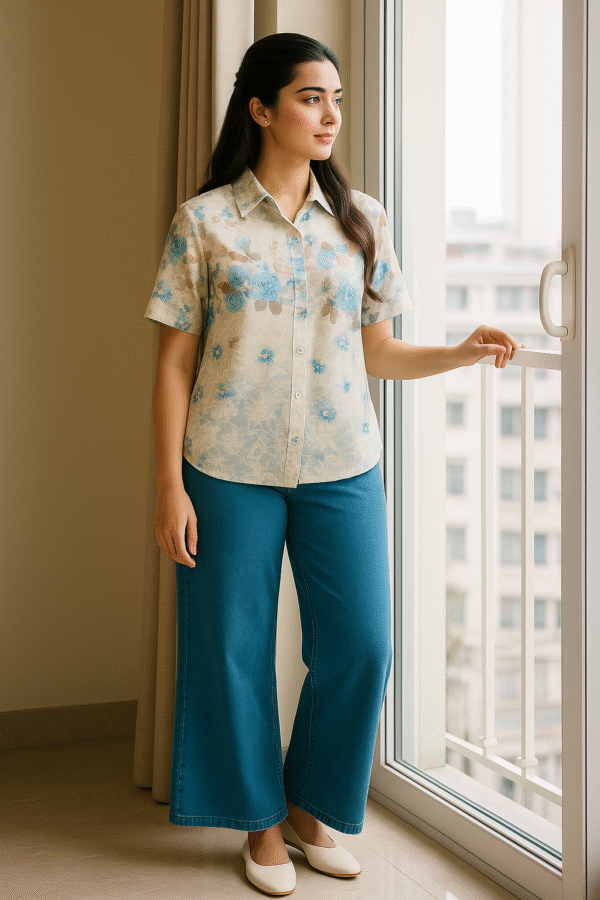 Woman wearing embroidered floral summer shirt with blue jeans