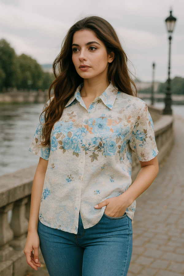 Woman wearing embroidered floral summer shirt with blue jeans