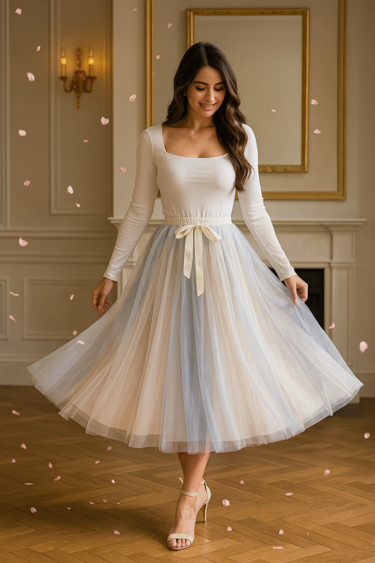 Blue & White Ombre Pleated Tulle Midi Skirt