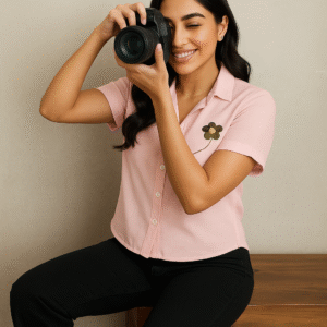 Woman in blush pink short-sleeve shirt with floral embroidery paired with black flared pants and white sneakers, posing against a pastel green wall