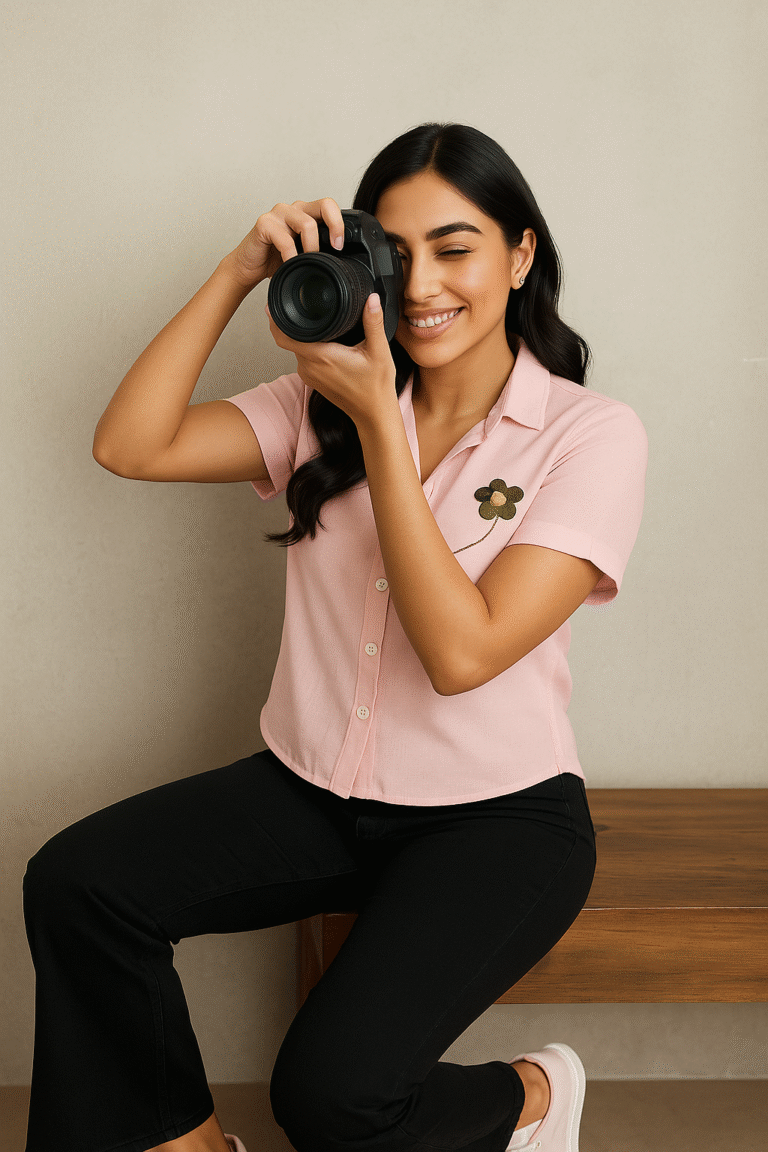 Woman in blush pink short-sleeve shirt with floral embroidery paired with black flared pants and white sneakers, posing against a pastel green wall