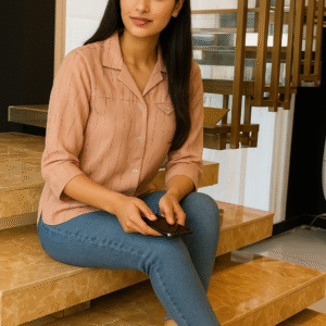 Woman in a blush pink 3/4 sleeve shirt holding a red rose, standing near flower pots