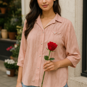 Woman in a blush pink 3/4 sleeve shirt holding a red rose, standing near flower pots