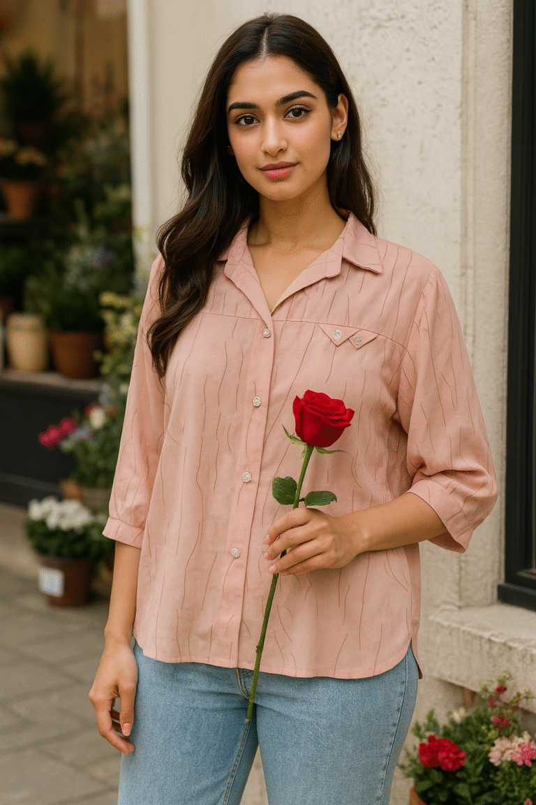 Woman in a blush pink 3/4 sleeve shirt holding a red rose, standing near flower pots