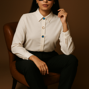 Woman wearing ivory shirt with colored buttons paired with black trousers