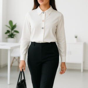 Woman wearing ivory shirt with colored buttons paired with black trousers