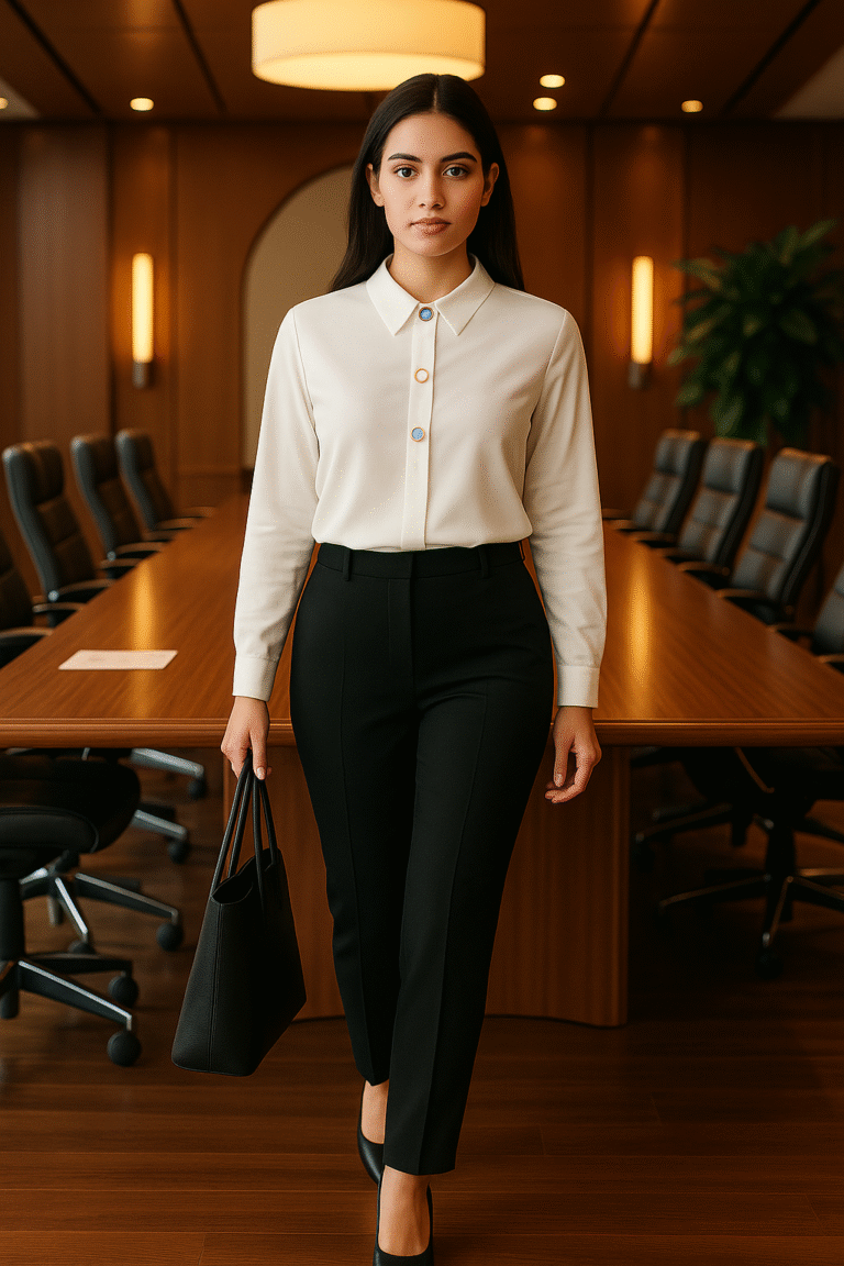 Woman wearing ivory shirt with colored buttons paired with black trousers