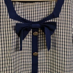 Flared beige and navy check dress with short sleeves and front button detail