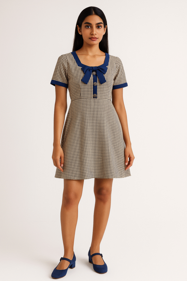 Woman in a checkered short dress with navy bow and collar