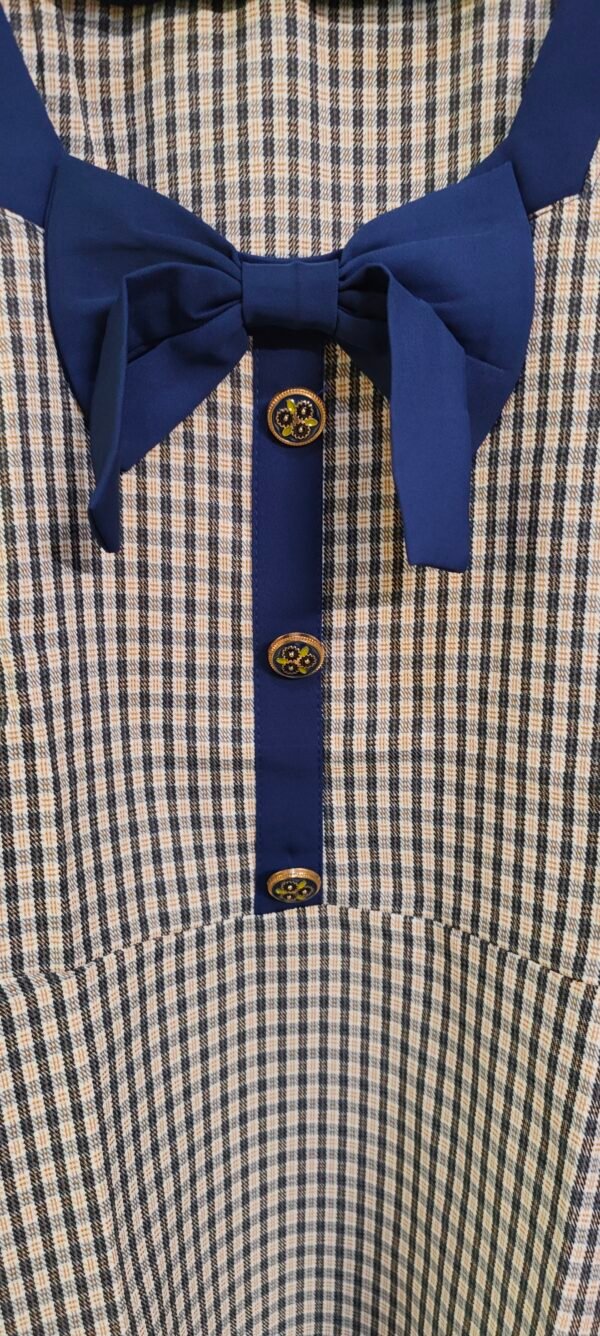 Flared beige and navy check dress with short sleeves and front button detail