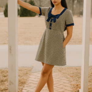 Woman in a checkered short dress with navy bow and collar, standing outdoors in a European courtyard