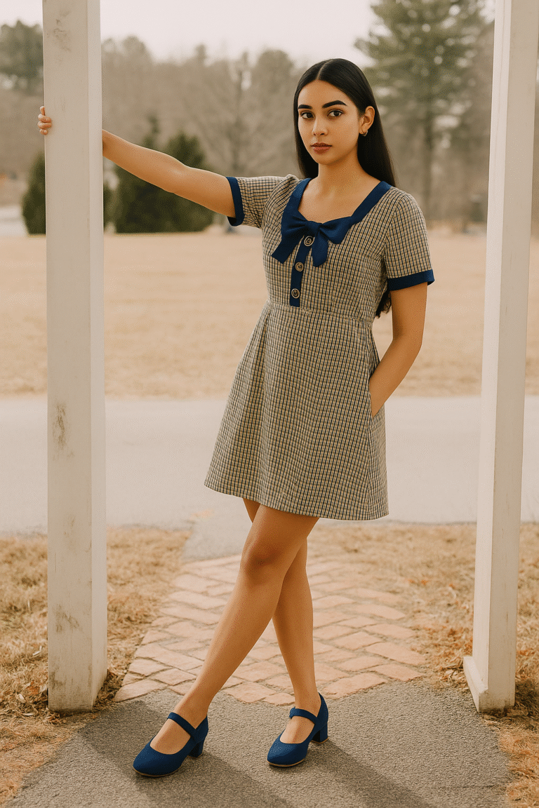 Woman in a checkered short dress with navy bow and collar, standing outdoors in a European courtyard