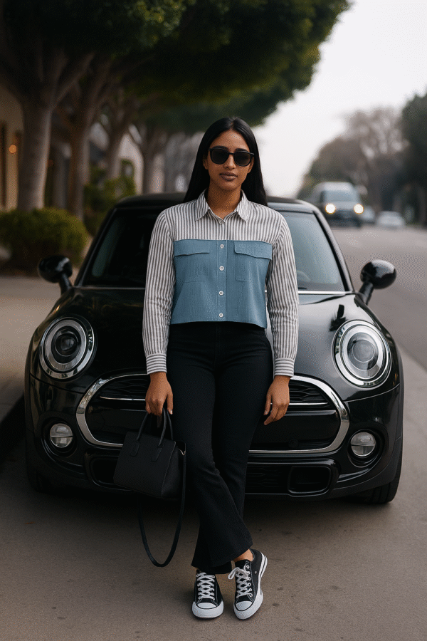Chic two-tone shirt styled with black pants and Converse sneakers, modern urban outfit