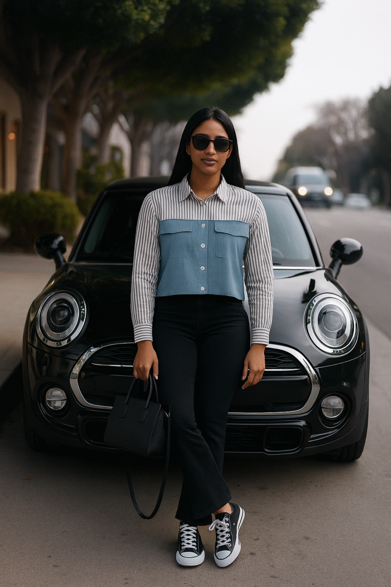 Chic two-tone shirt styled with black pants and Converse sneakers, modern urban outfit