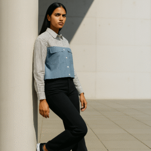 Woman in striped and denim-paneled shirt