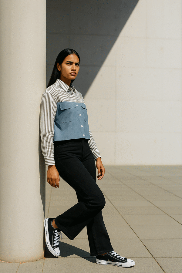 Woman in striped and denim-paneled shirt