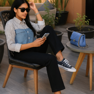 Woman in striped and denim-paneled shirt