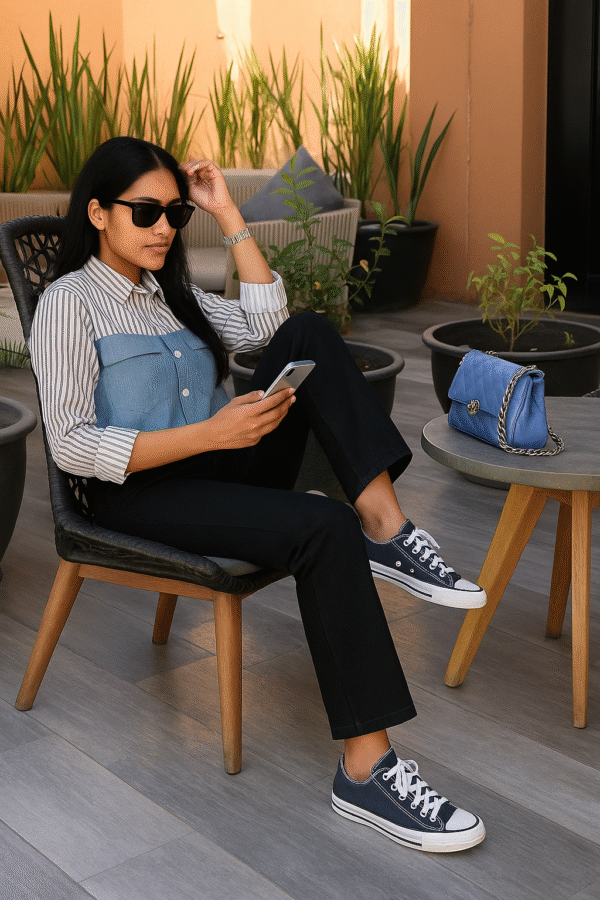 Woman in striped and denim-paneled shirt