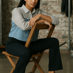 Woman in striped and denim-paneled shirt