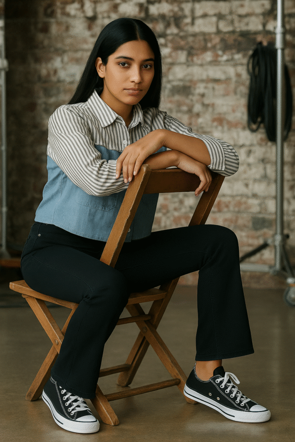Woman in striped and denim-paneled shirt