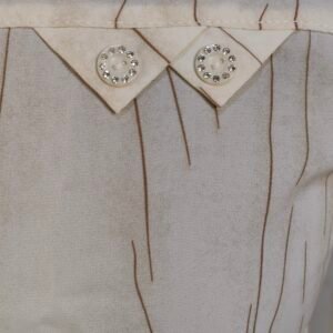 Close-up of textured beige button-up shirt with subtle stripe detailing