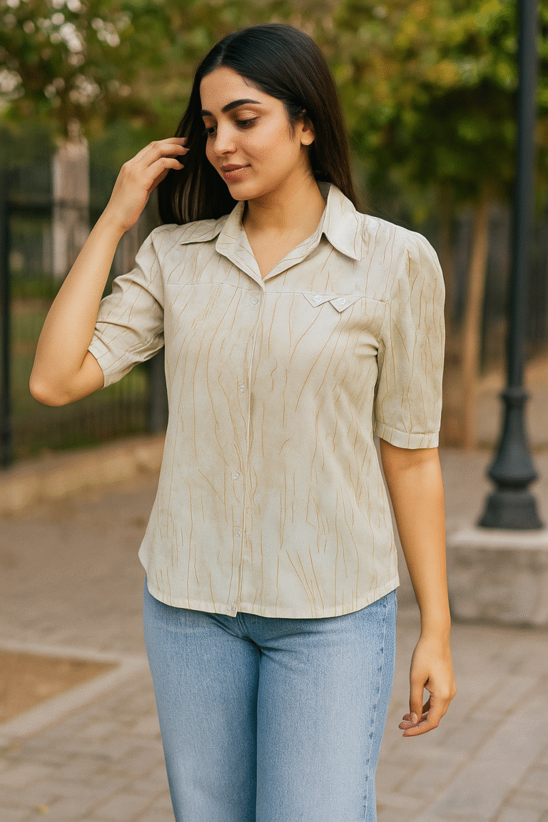 Woman wearing a beige textured short-sleeve shirt with collar and light denim jeans outdoors