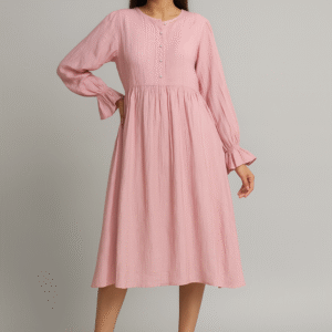 Pink cotton pleated midi dress with button front and full sleeves for women