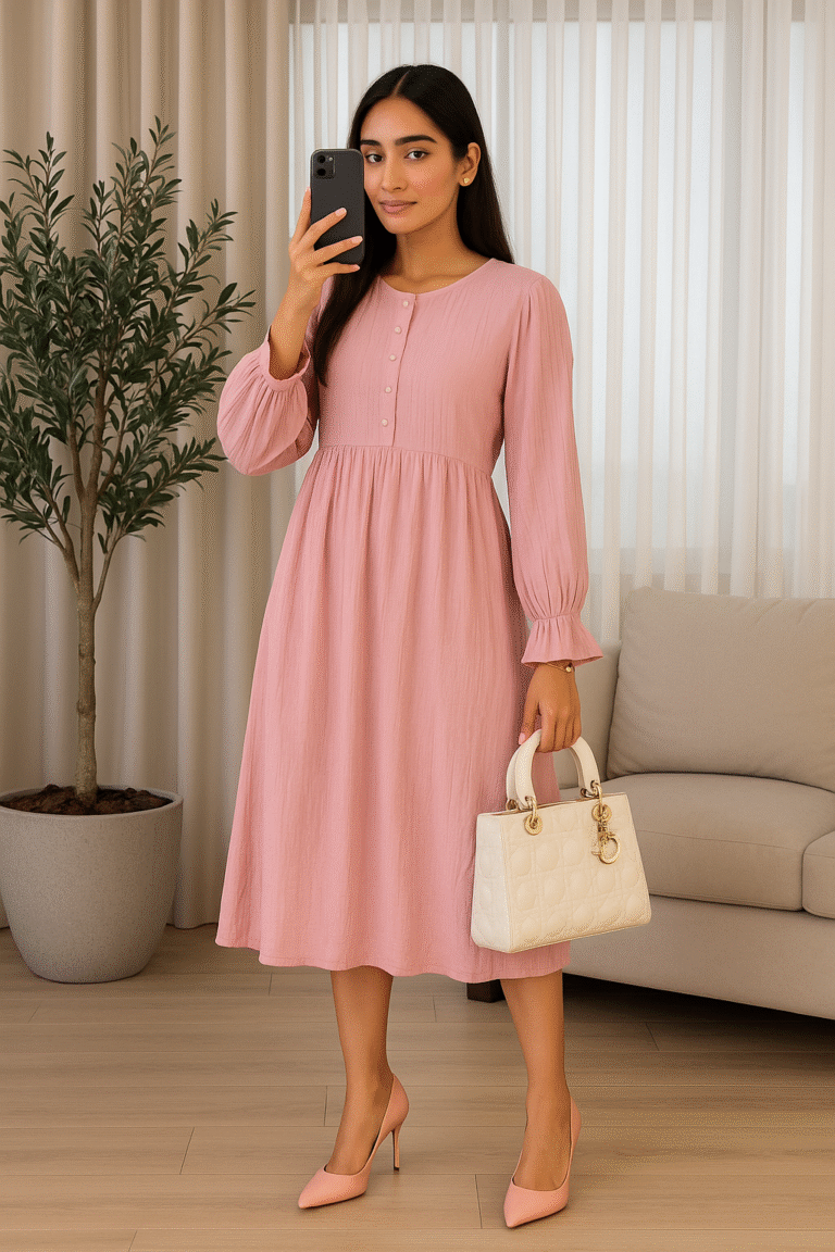 Woman in dusty rose pink midi dress with gathered waist and balloon sleeves holding white bag