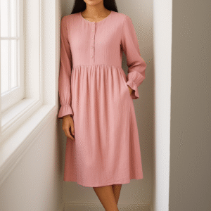 Pink cotton pleated midi dress with button front and full sleeves for women