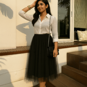 Elegant black embroidered tulle midi skirt with lining