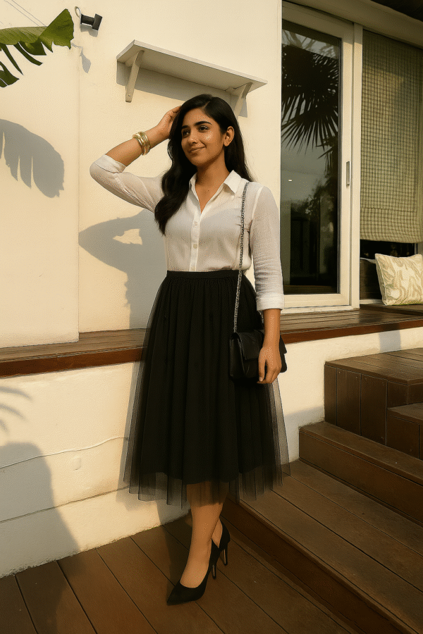 Elegant black embroidered tulle midi skirt with lining