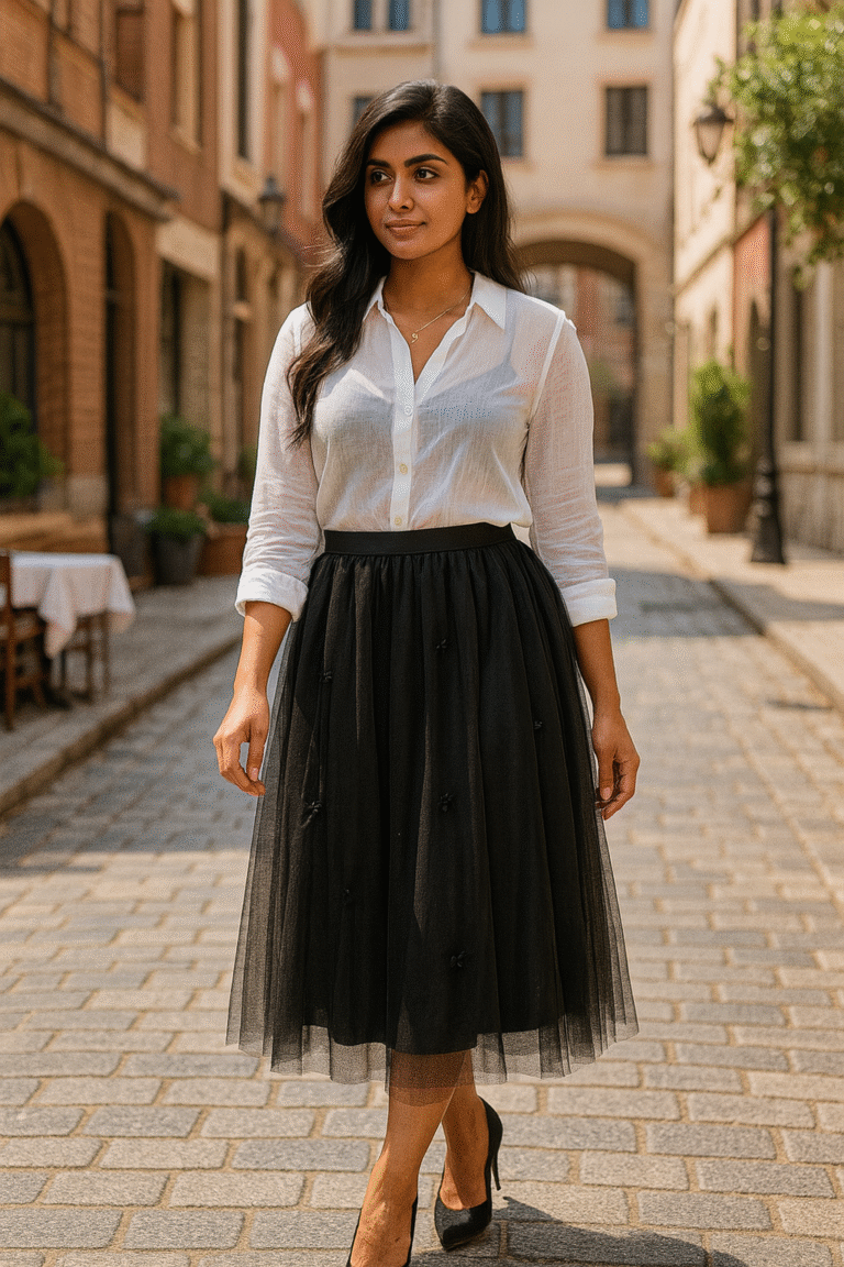 Elegant Black Embroidered Tulle Midi Skirt